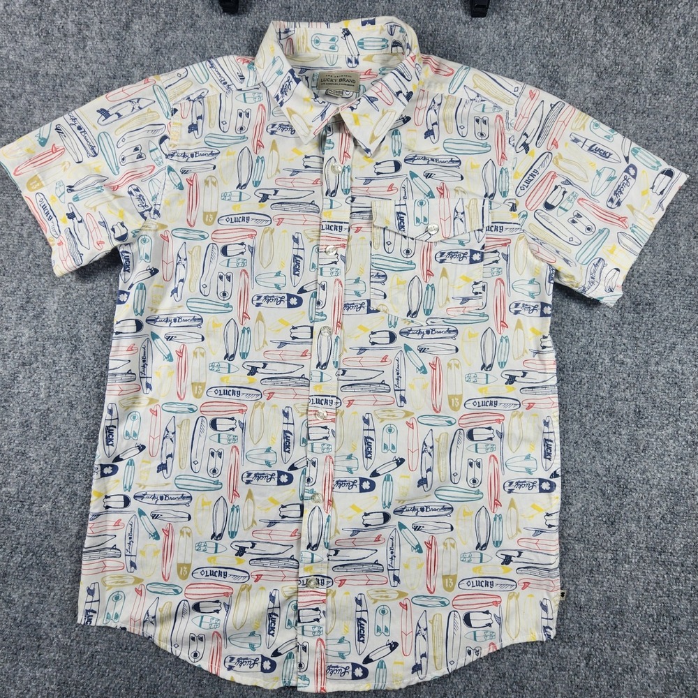 Lucky Brand Boys XL Surfboard Print Short Sleeve Button Down Shirt White Multi